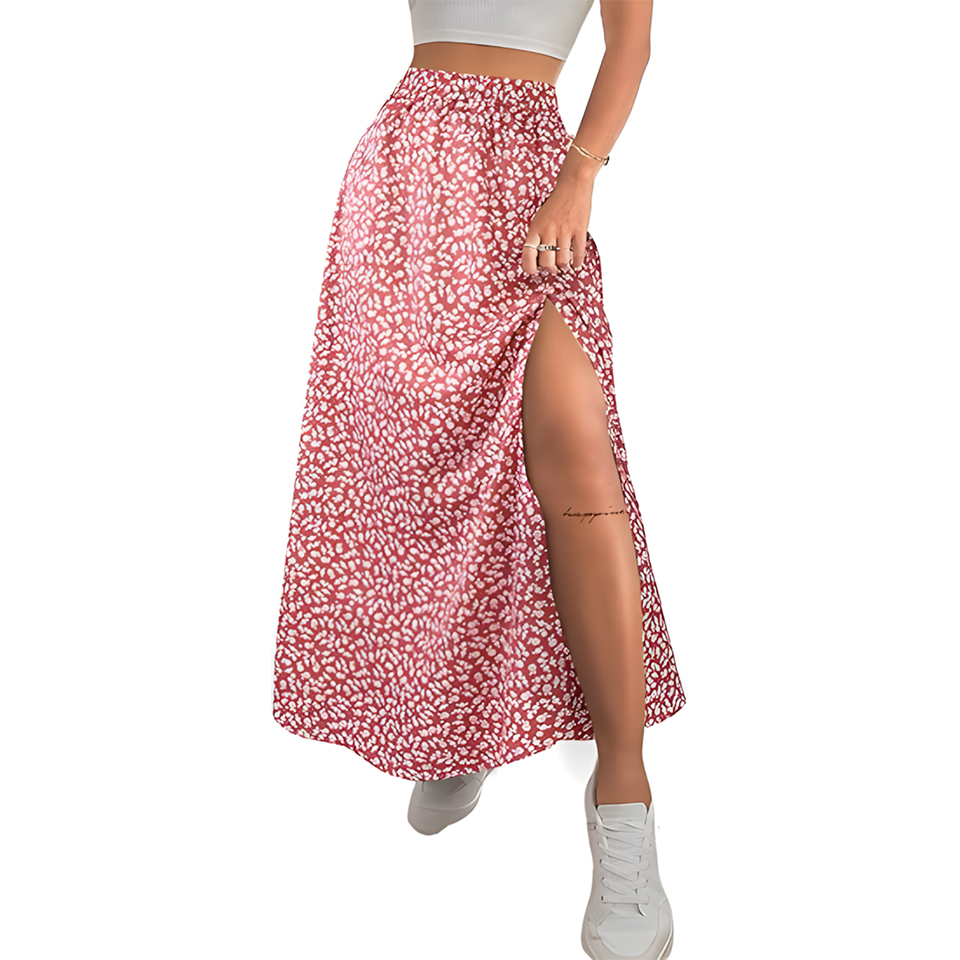 Women High Waist Elastic Ditsy Floral Slit Maxi Skirt
