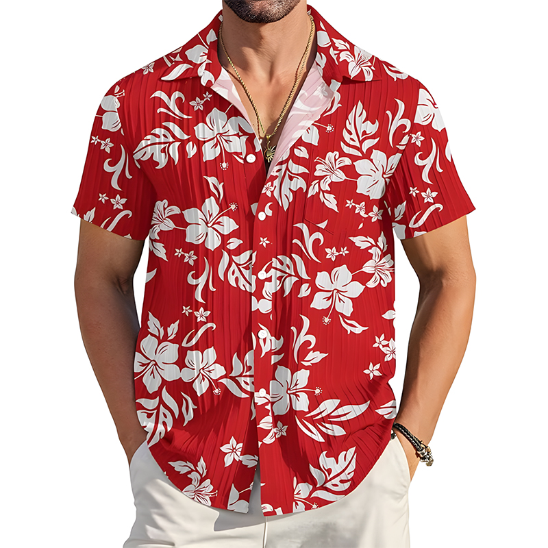 Men Vertical Ribbed Short Sleeve Button Shirt
