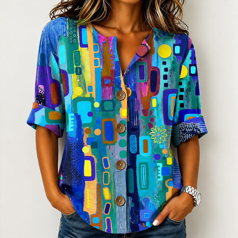 Women Watercolor Dot Print Notch Neck Button Front Roll Cuff Linen Blend Shirt
