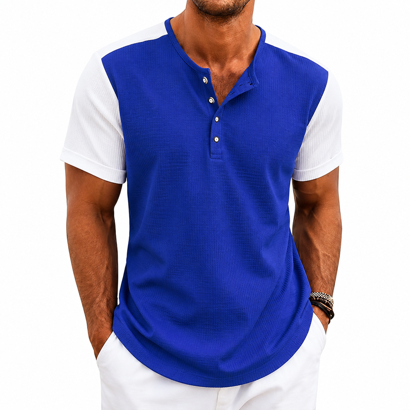 Men Waffle Knit Raglan Henley Contrast Sleeve Casual Short Sleeve T-Shirt