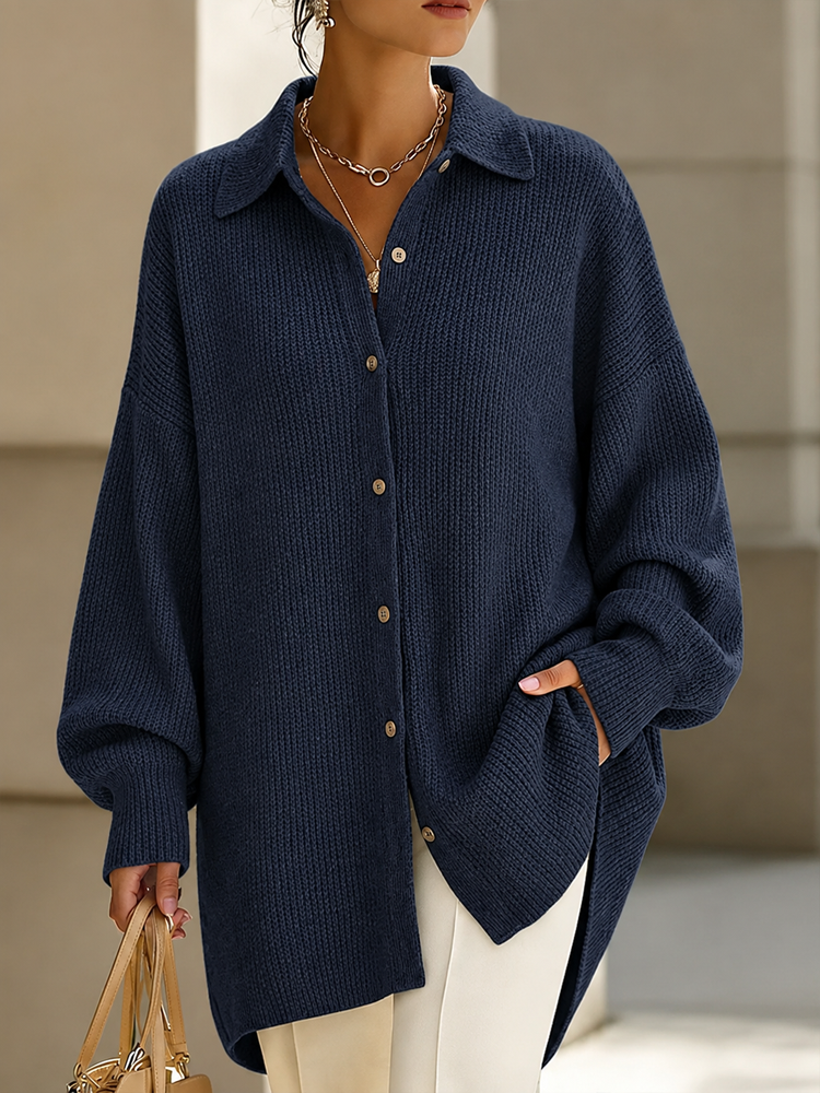 Women Oversized Collared Knit Button Down Cardigan Loose Long Sleeve Sweater Shirt