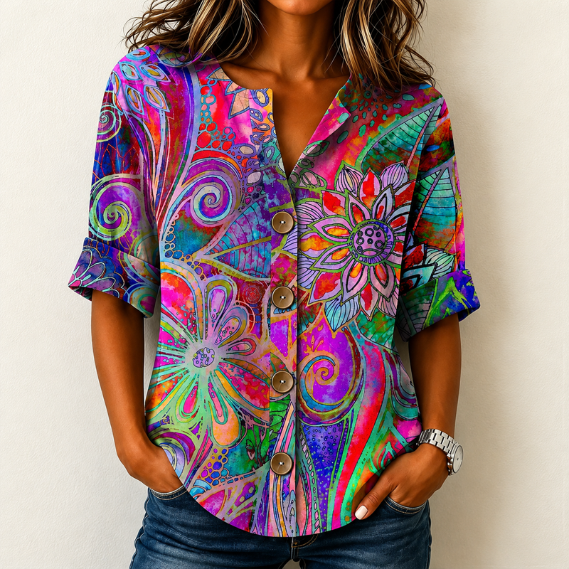 Women Watercolor Dot Print Notch Neck Button Front Roll Cuff Linen Blend Shirt