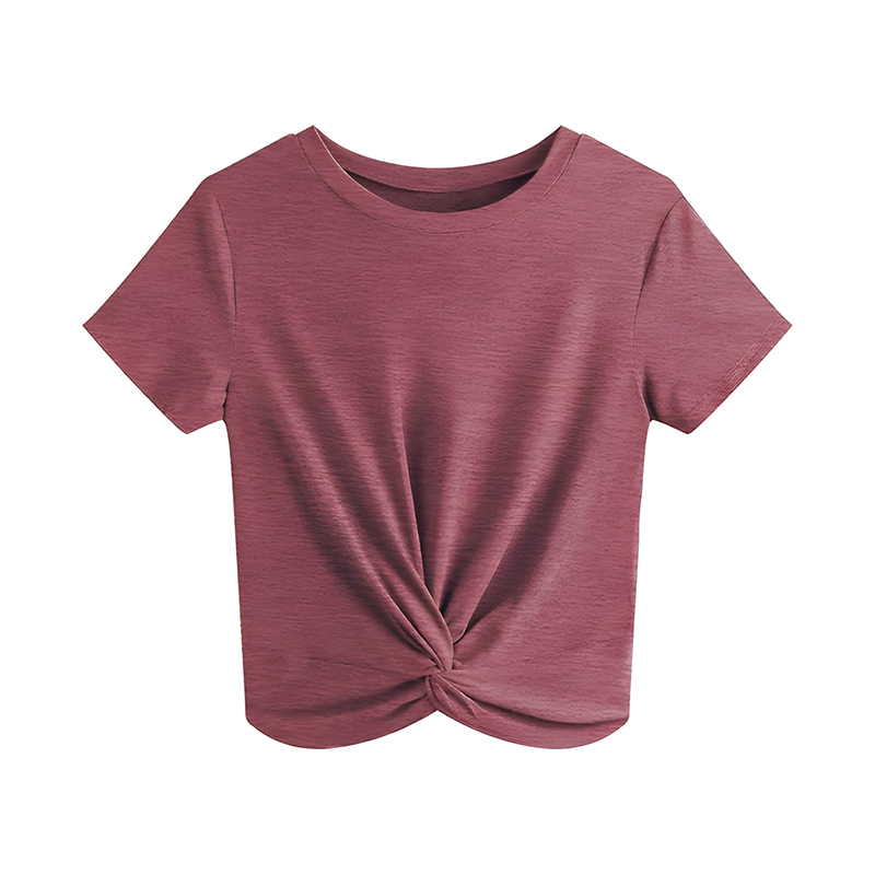 Women Casual Summer Short Sleeve T-Shirt, Round Neck Twist Front Hem Soft Cropped Tops Loose Fit Everyday Vacation Blouse