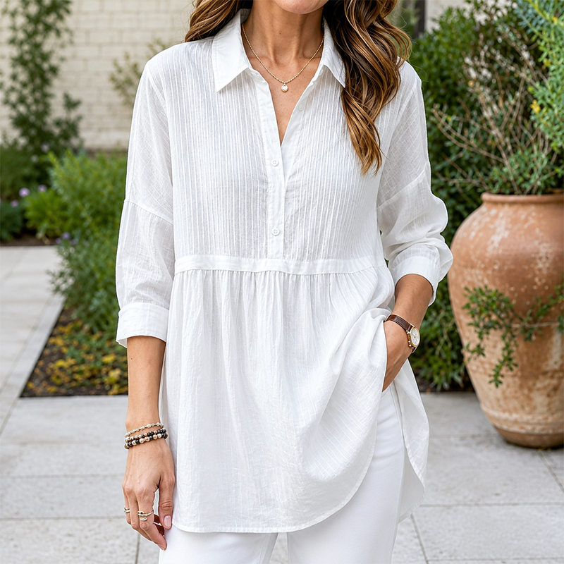 Women Vertical Texture Half Button Yoke Peplum Linen Blend Blouse 