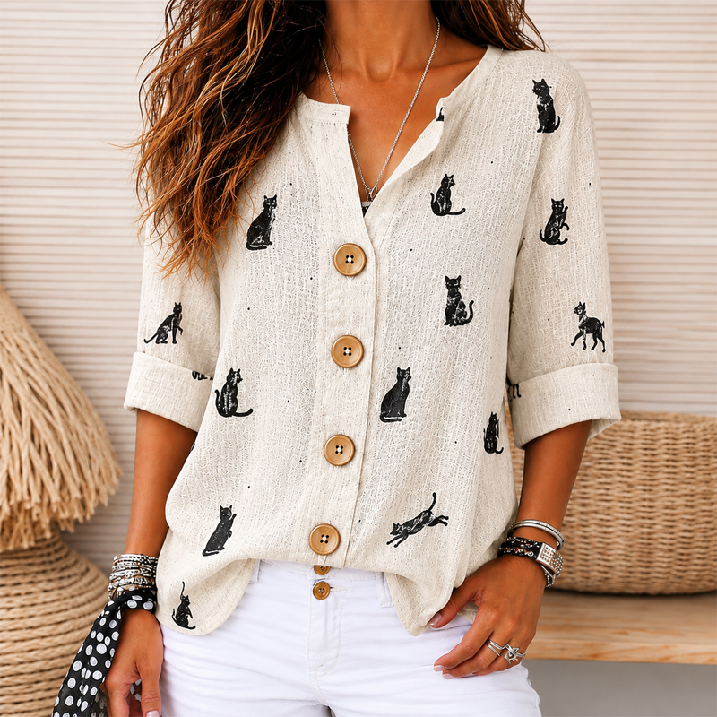 Women Vintage Cat Print Notch Neck Wooden Button Roll Cuff Linen Blend Shirt