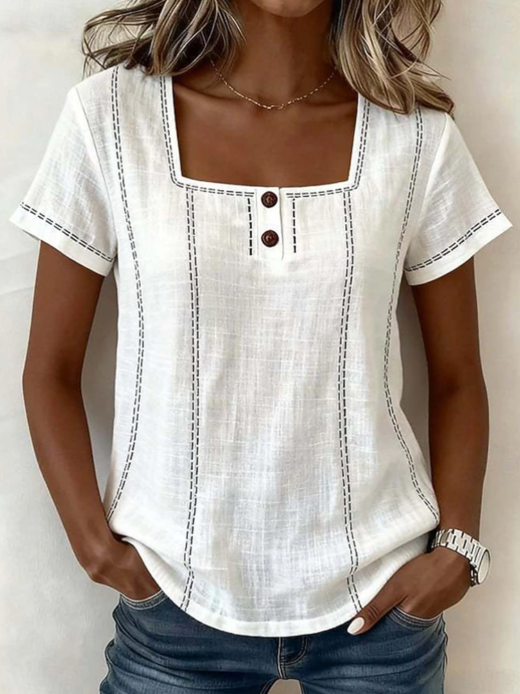 Women Square Neck Contrast Stitch Henley Linen Blend Short Sleeve Top