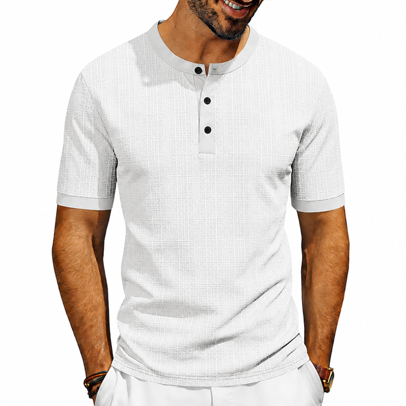 Men Fine Grid Texture Contrast Trim 3 Button Henley Neck Short Sleeve T-Shirt 