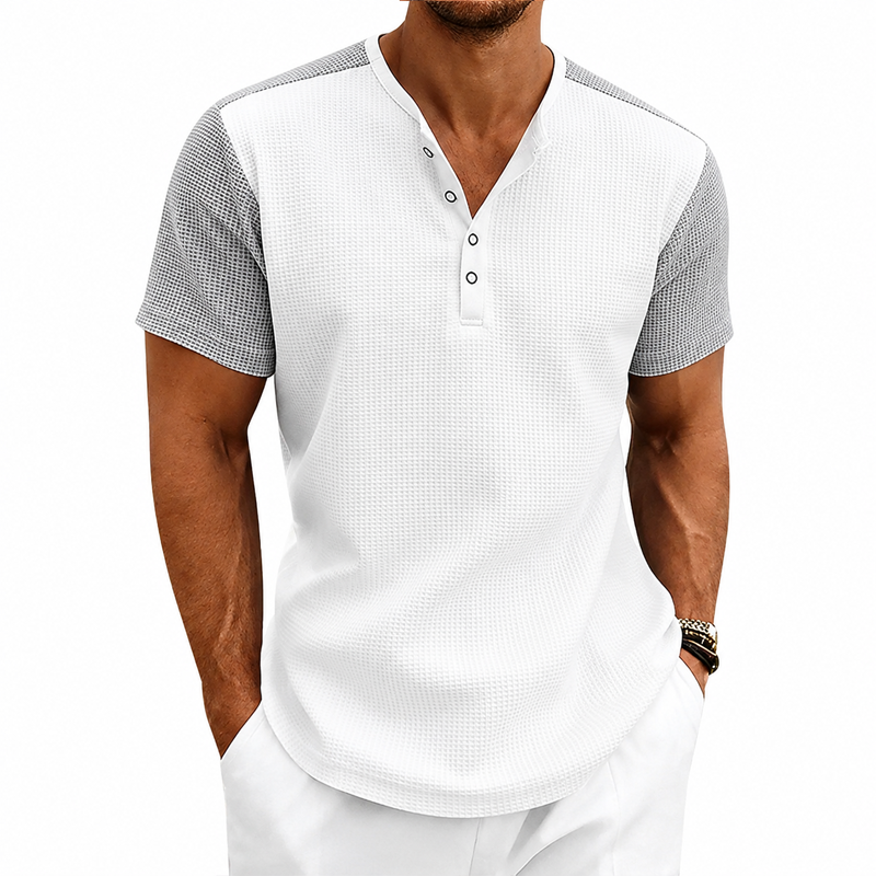 Men Waffle Knit Raglan Henley Contrast Sleeve Casual Short Sleeve T-Shirt