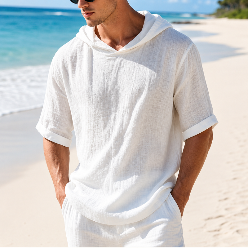 Men Linen Blend Hooded Roll Cuff Short Sleeve Casual Top 