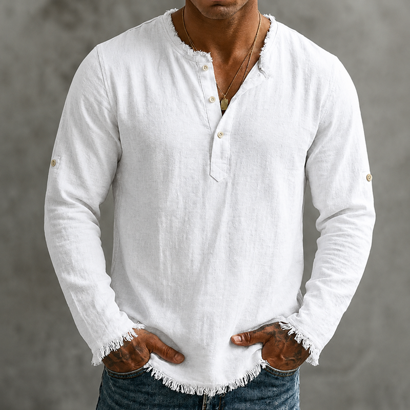 Men Fringe Raw Hem Notch Henley Roll Tab Sleeve Linen Blend Long Sleeve Shirt