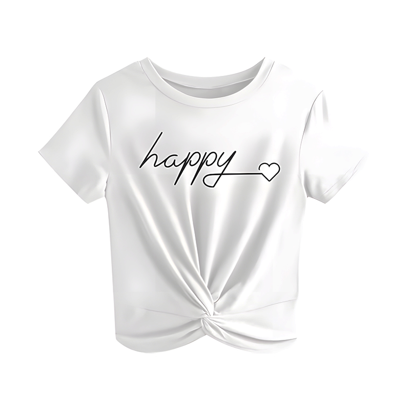 Women Casual Summer Short Sleeve T-Shirt, Round Neck Twist Front Hem Soft Cropped Tops Loose Fit Everyday Vacation Blouse
