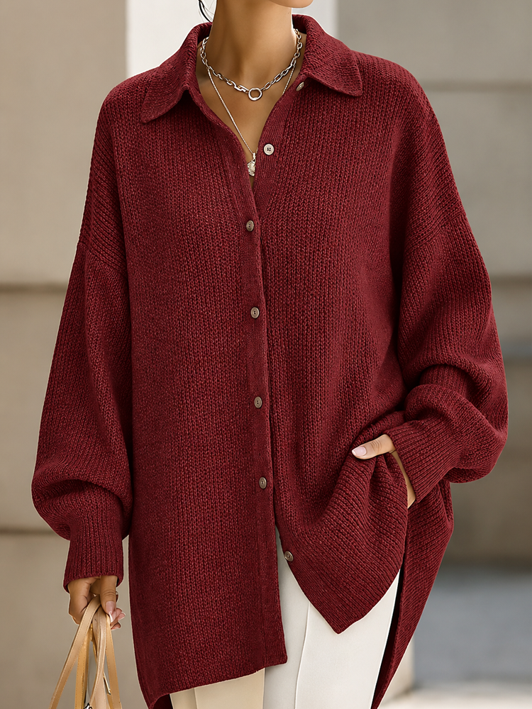 Women Oversized Collared Knit Button Down Cardigan Loose Long Sleeve Sweater Shirt