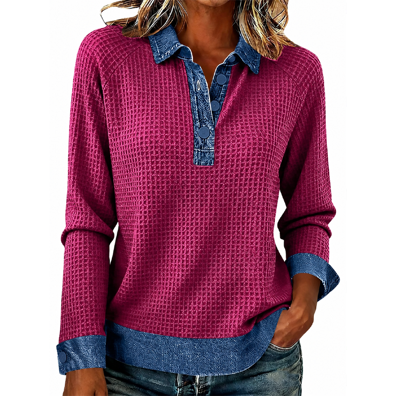 Women Waffle Knit Denim Collar Patchwork Long Sleeve Polo Top