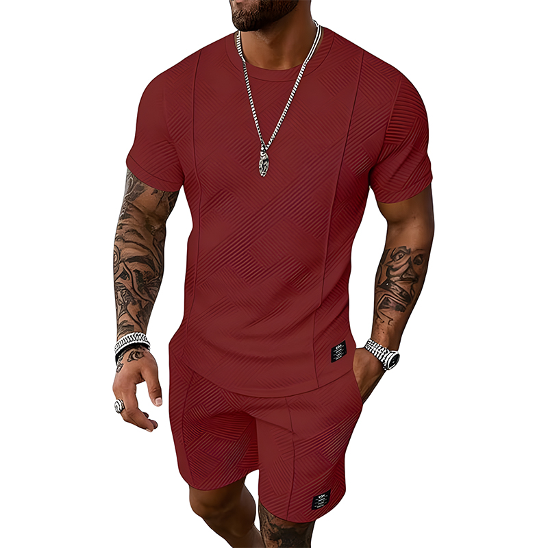 Men Jacquard Textured Tee & Shorts Casual Summer Set