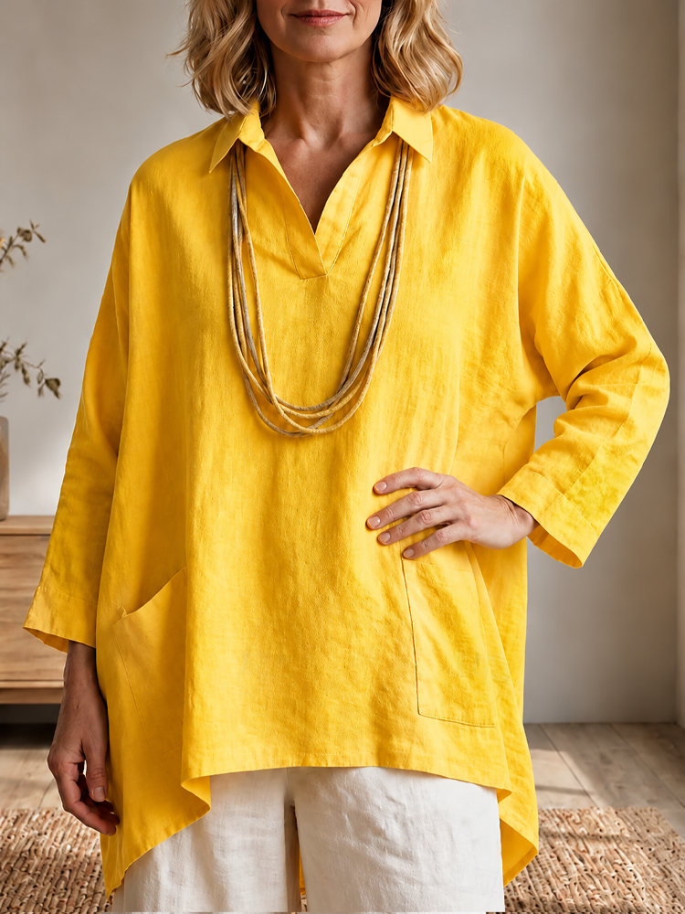 Women Linen Blend Notch V Collar Oversized 3/4 Sleeve Patch Pocket Tunic Blouse 