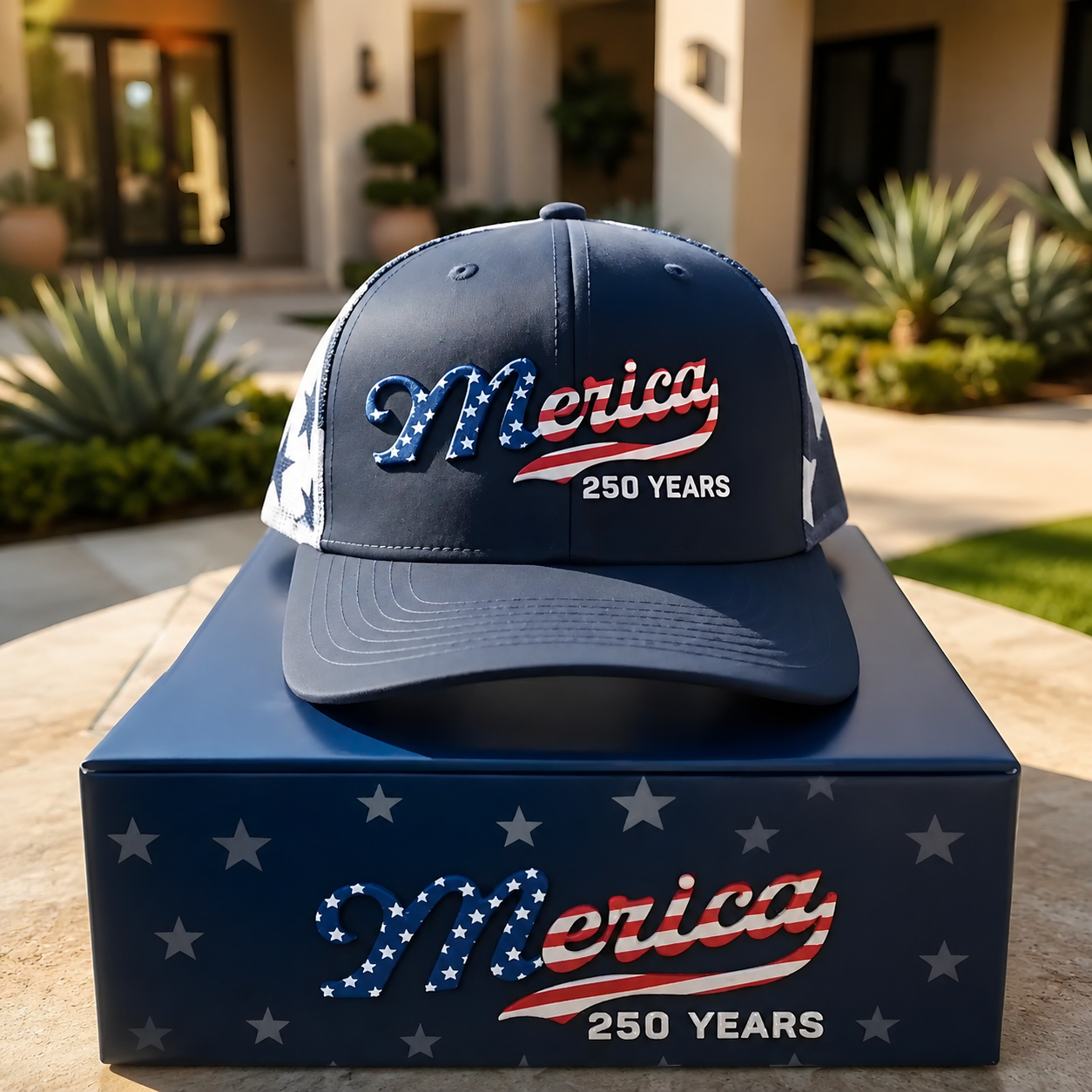 Front view of the patriotic 250 Years trucker hat