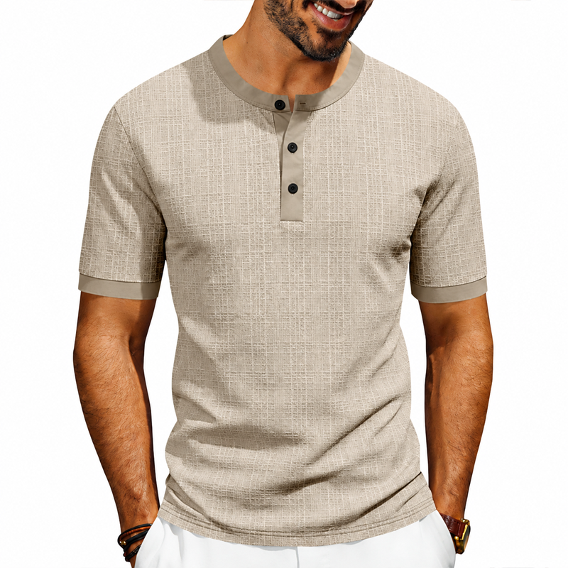 Men Fine Grid Texture Contrast Trim 3 Button Henley Neck Short Sleeve T-Shirt 