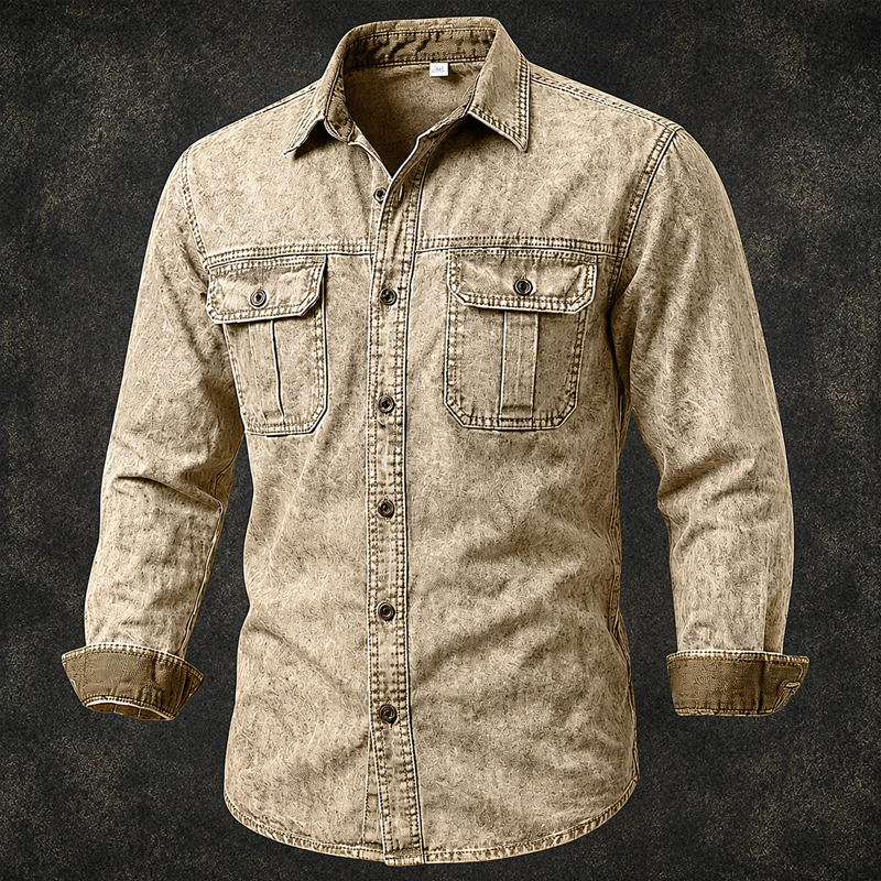 Men Acid Wash Denim Work Shirt Contrast Cuff Dual Chest Pocket Long Sleeve Shirt