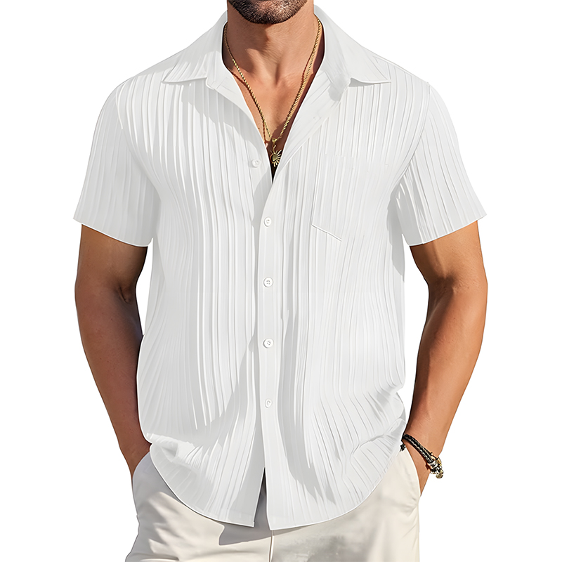 Men Vertical Ribbed Short Sleeve Button Shirt