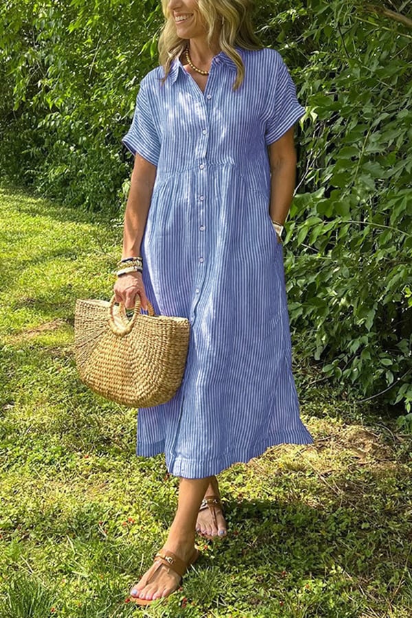 Women’s Striped Button-Down Midi Shirt Dress（Buy 2 Free Shipping）