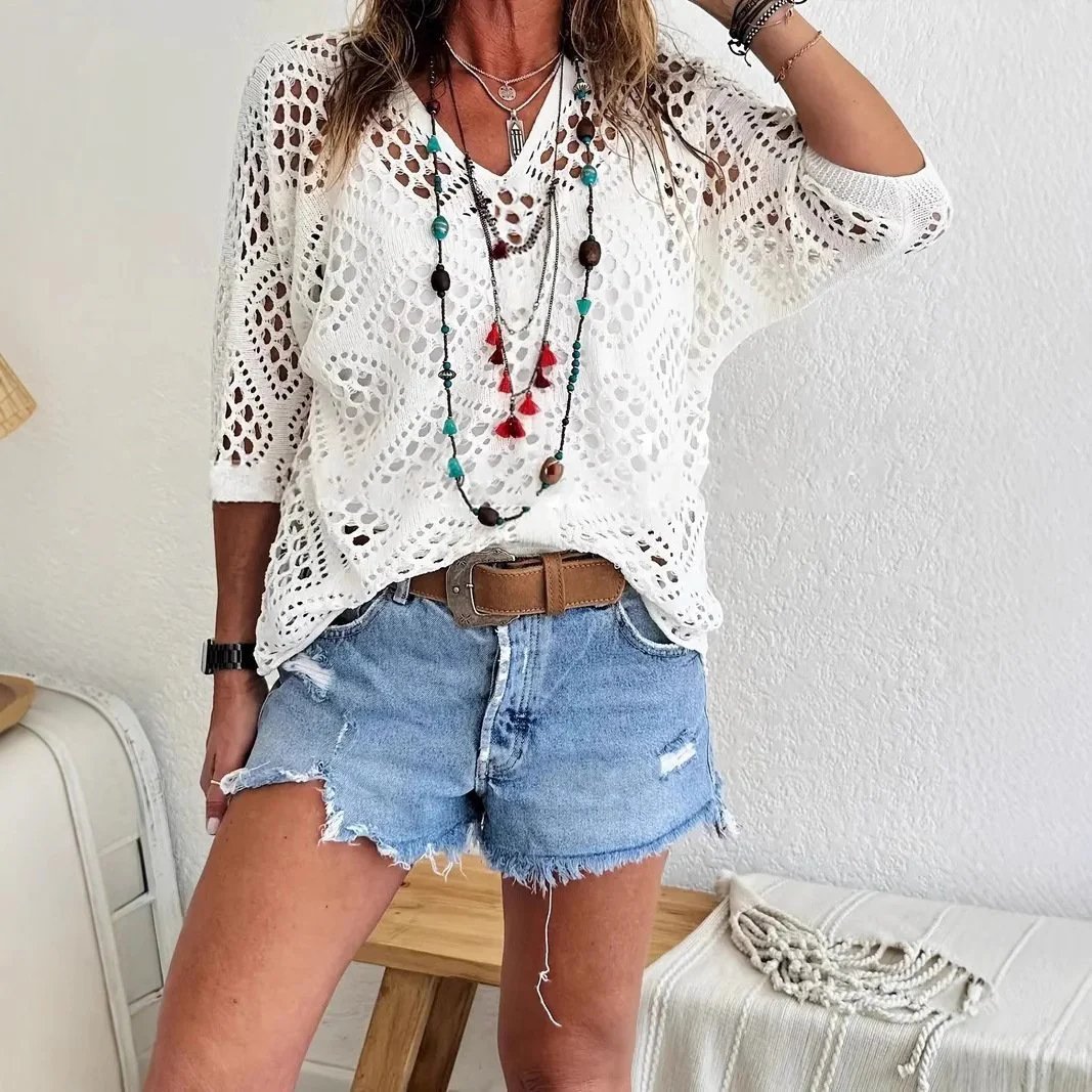 🌿 Handmade Crochet V‐Neck Boho Top | Apricot Summer Essential