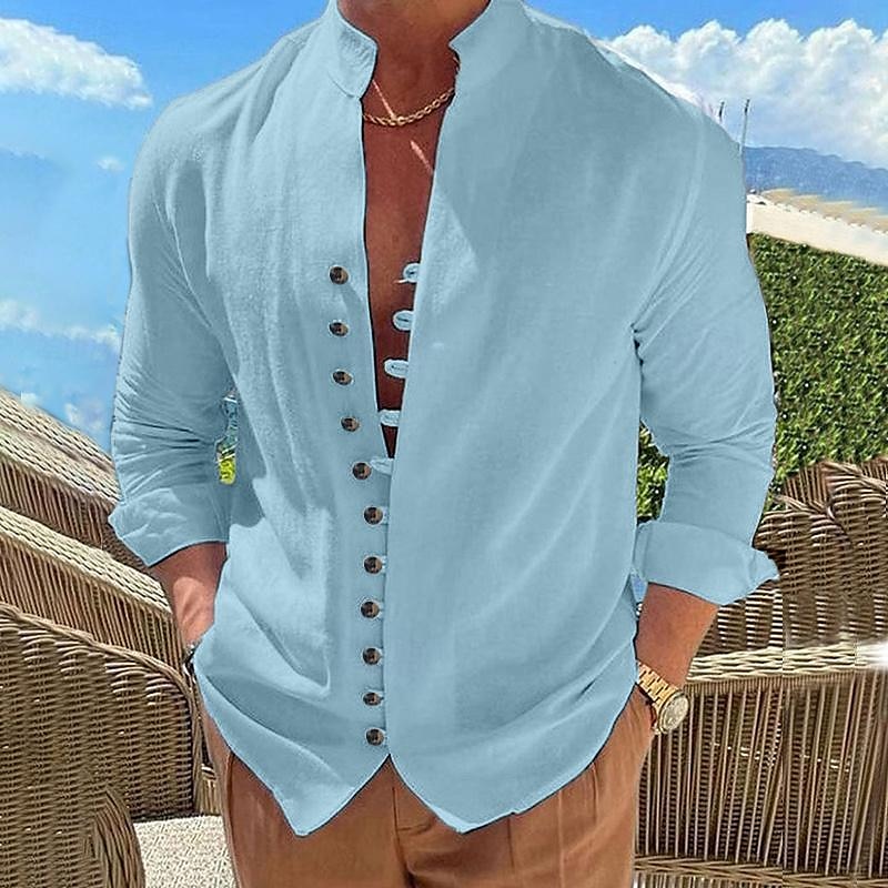 Men's Shirt Linen Shirt Summer Shirt Elegant Button Up Shirt Casual Shirt Black White Pink Blue Long Sleeve Plain Band Collar Summer Spring &  Fall Daily Vacation Clothing Apparel 2026 - BHD 10.89 &ndash;P14