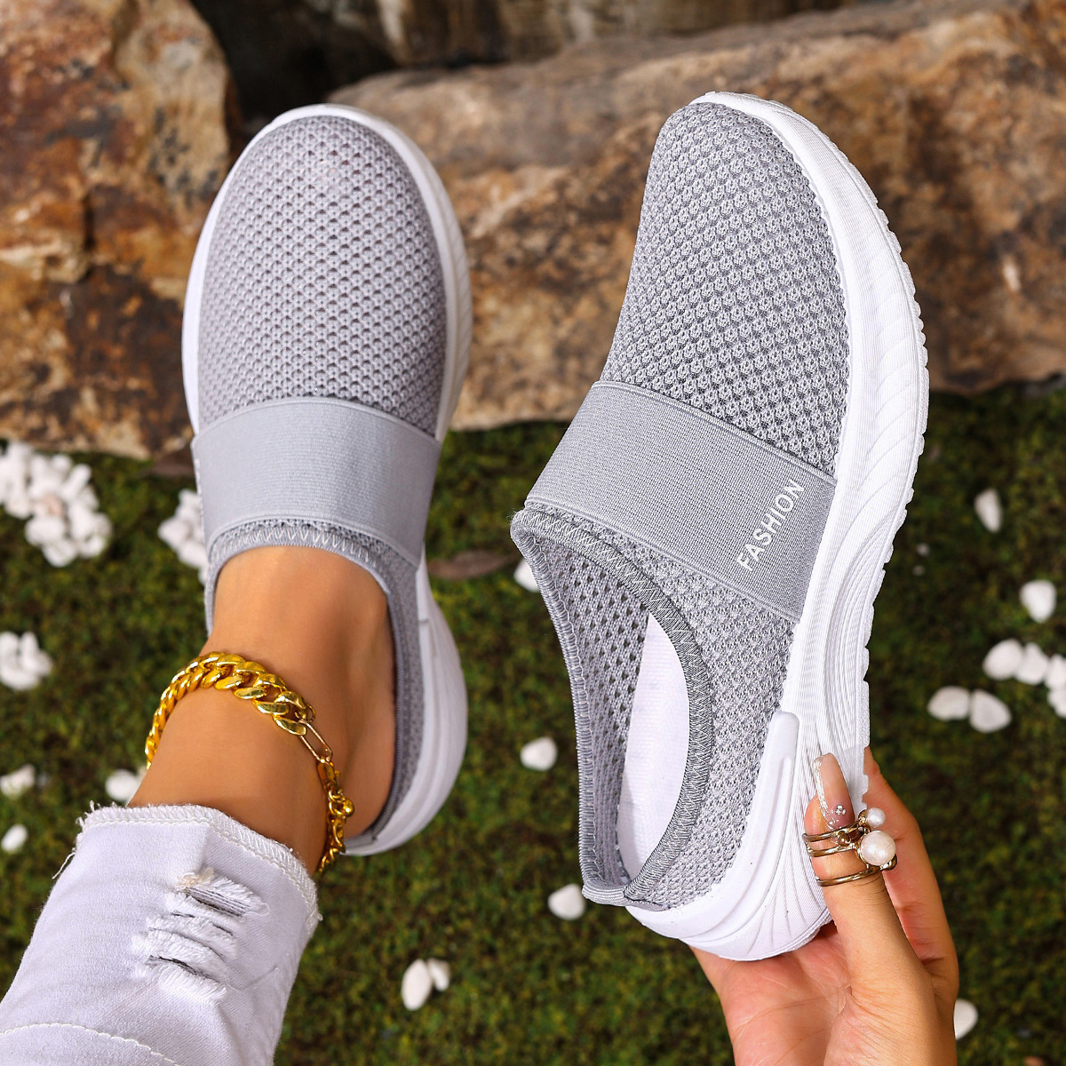 Summer Air Mesh Slip On Trainers | Comfort Open Back Casual Walking Footwear