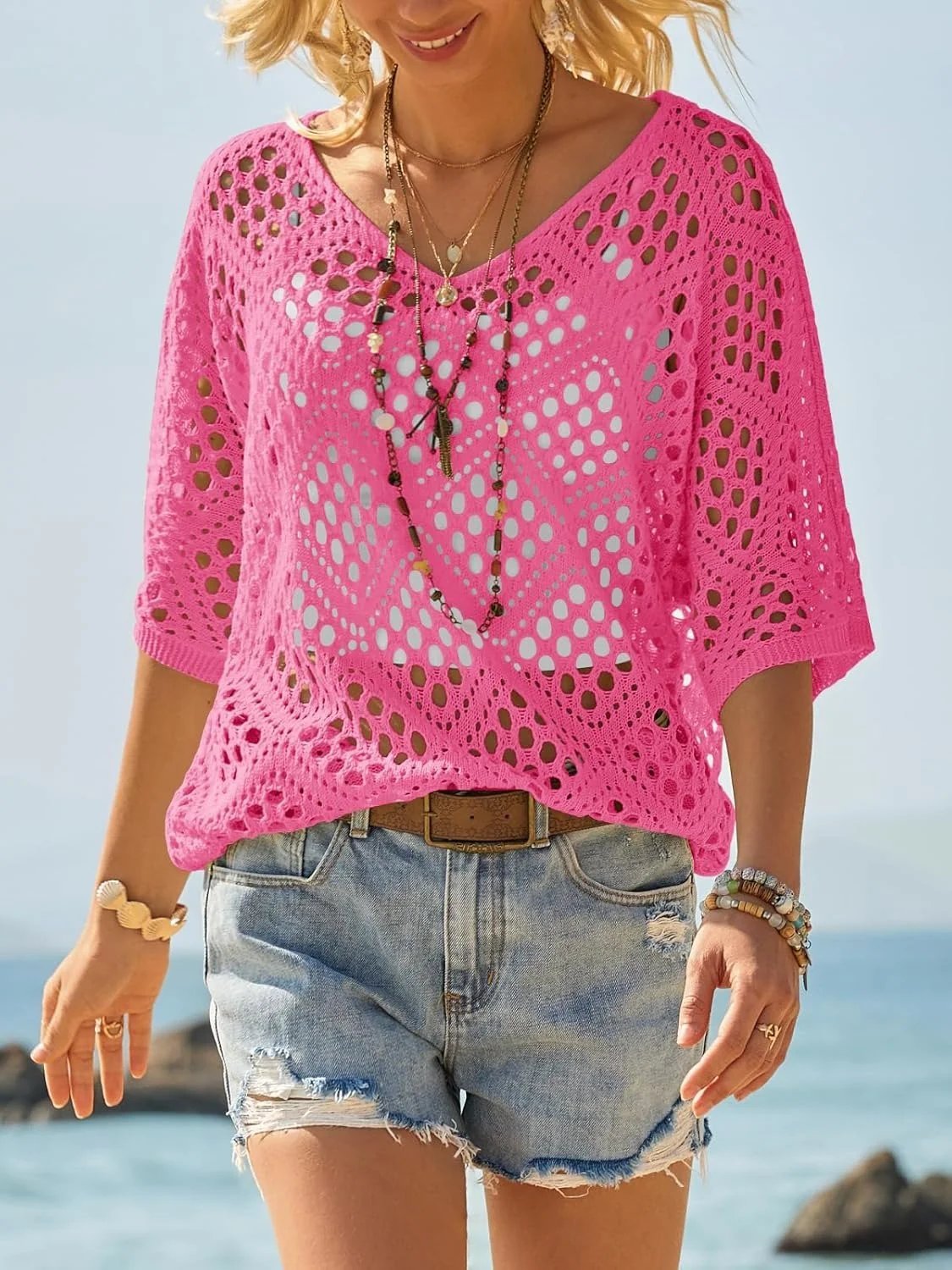 🌿 Handmade Crochet V‐Neck Boho Top | Apricot Summer Essential