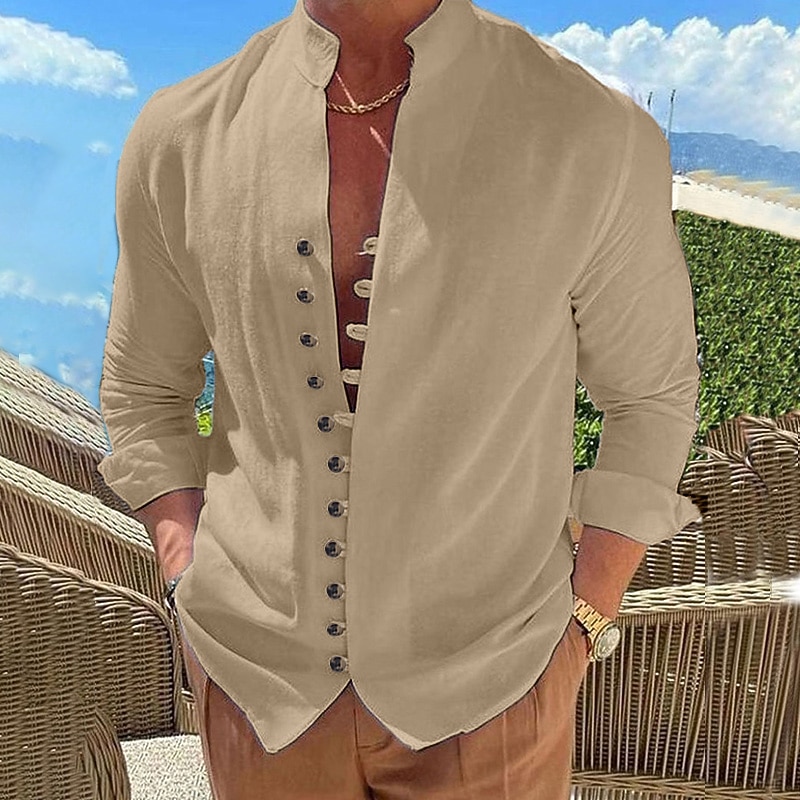 Men's Shirt Linen Shirt Summer Shirt Elegant Button Up Shirt Casual Shirt Black White Pink Blue Long Sleeve Plain Band Collar Summer Spring &  Fall Daily Vacation Clothing Apparel 2026 - BHD 10.89 &ndash;P9