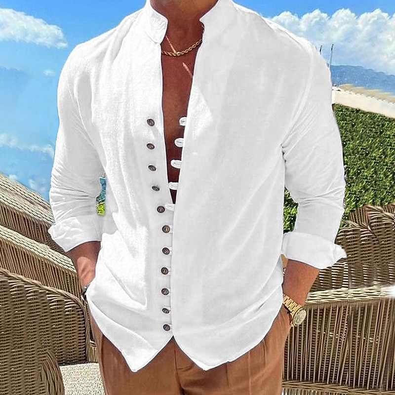 Men's Shirt Linen Shirt Summer Shirt Elegant Button Up Shirt Casual Shirt Black White Pink Blue Long Sleeve Plain Band Collar Summer Spring &  Fall Daily Vacation Clothing Apparel 2026 - BHD 10.89 &ndash;P7