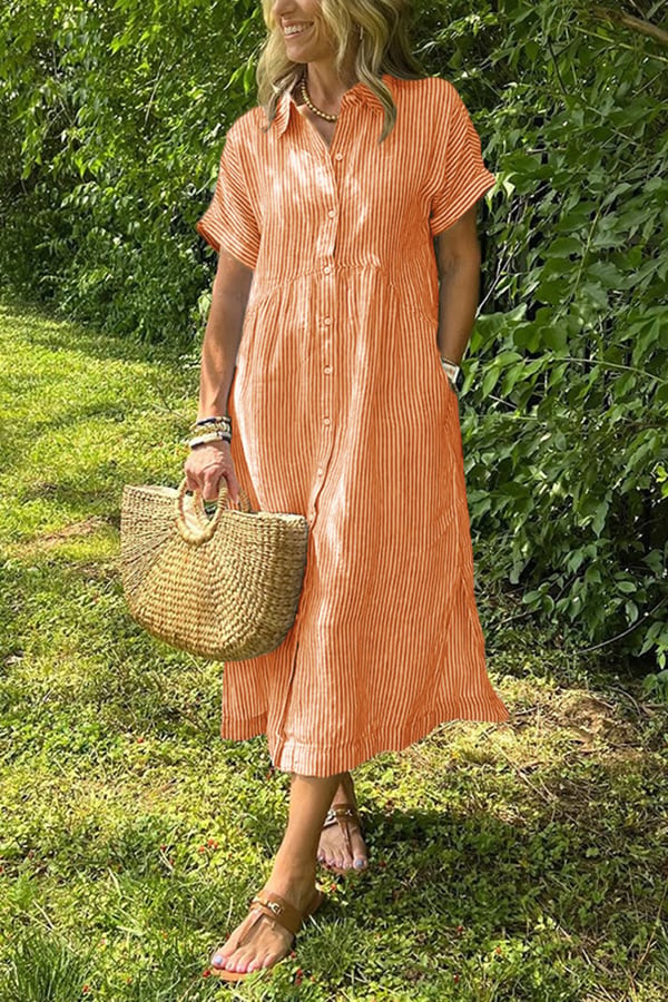 Women’s Striped Button-Down Midi Shirt Dress（Buy 2 Free Shipping）