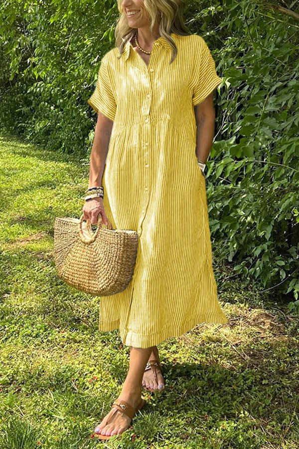 Women’s Striped Button-Down Midi Shirt Dress（Buy 2 Free Shipping）