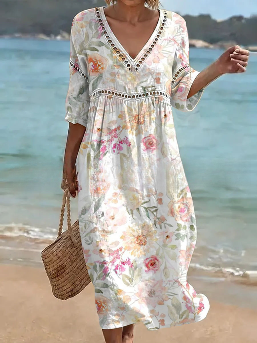 Women's V-Neck Floral & Print Midi Dress
