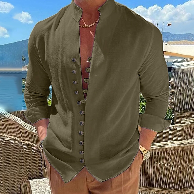 Men's Shirt Linen Shirt Summer Shirt Elegant Button Up Shirt Casual Shirt Black White Pink Blue Long Sleeve Plain Band Collar Summer Spring &  Fall Daily Vacation Clothing Apparel 2026 - BHD 10.89 &ndash;P12