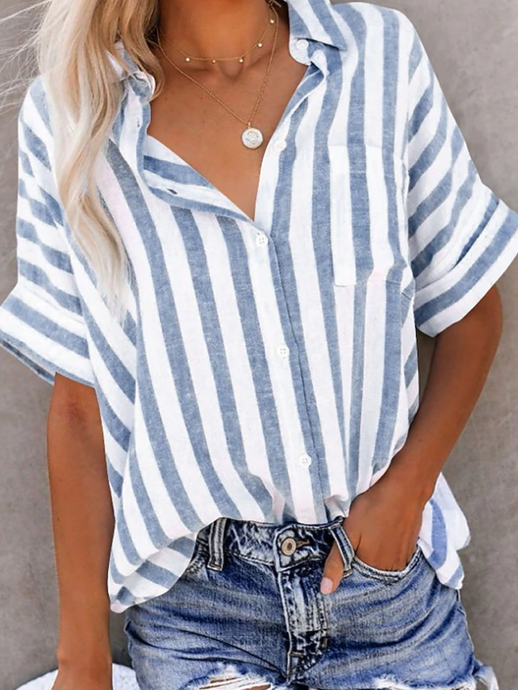 Women Vertical Stripe Rolled Short Sleeve Pocket Button Down Shirt
