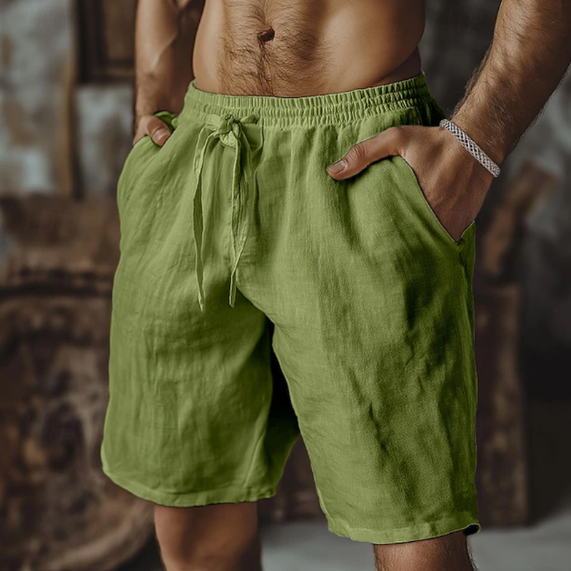 Solid Drawstring Elastic Waist Linen Beach Shorts For Men