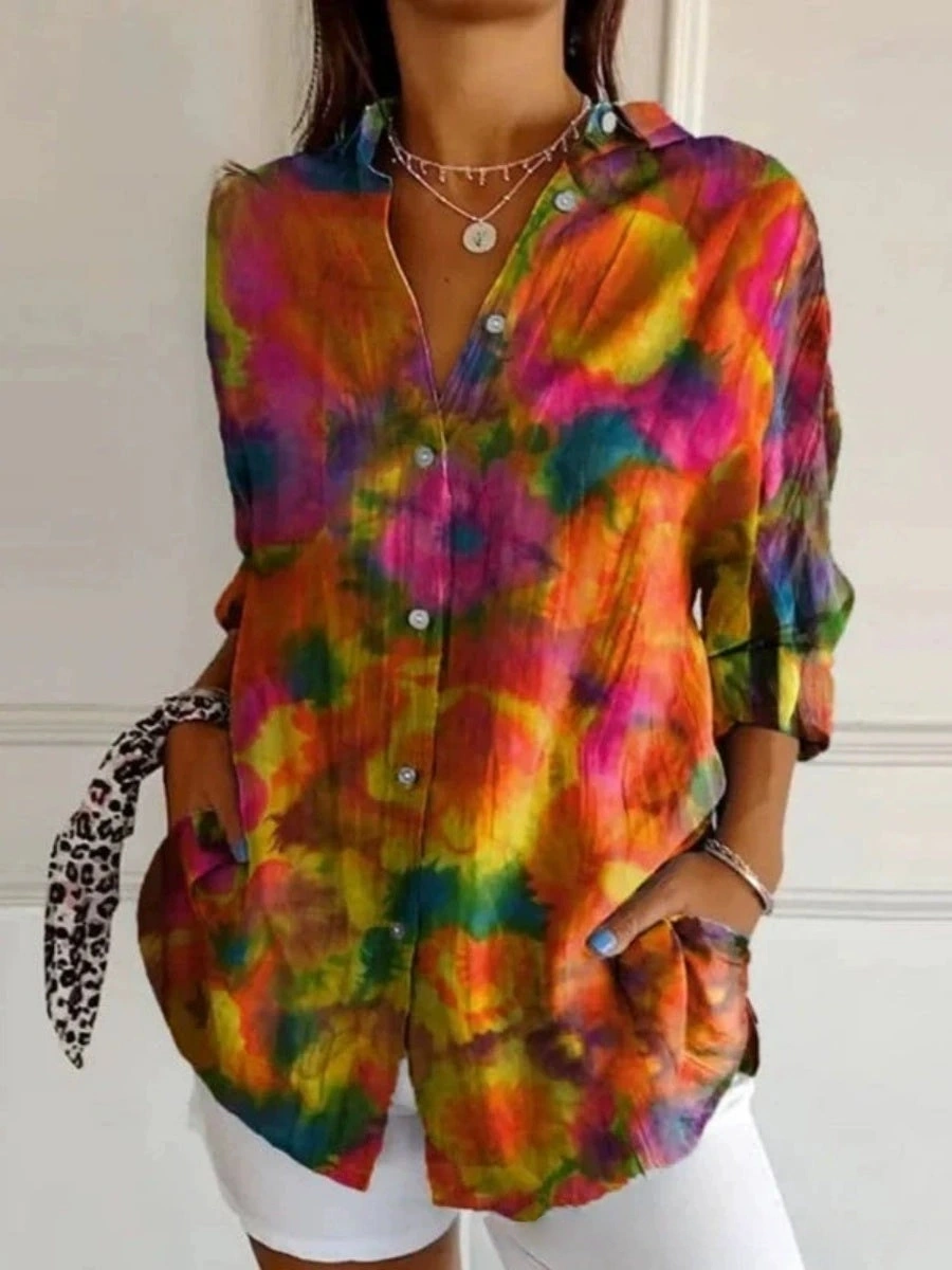 Women’s Colorblock Striped Shirt – Casual Loose Fit Button Down Blouse, Trendy Patchwork Top