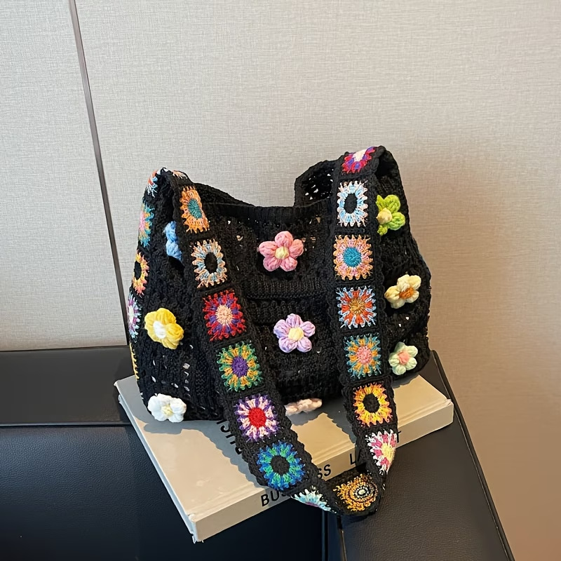 Boho Crochet Shoulder Bag for Women – Handmade Floral Knit Tote, Lightweight Summer Beach Hobo Bag
