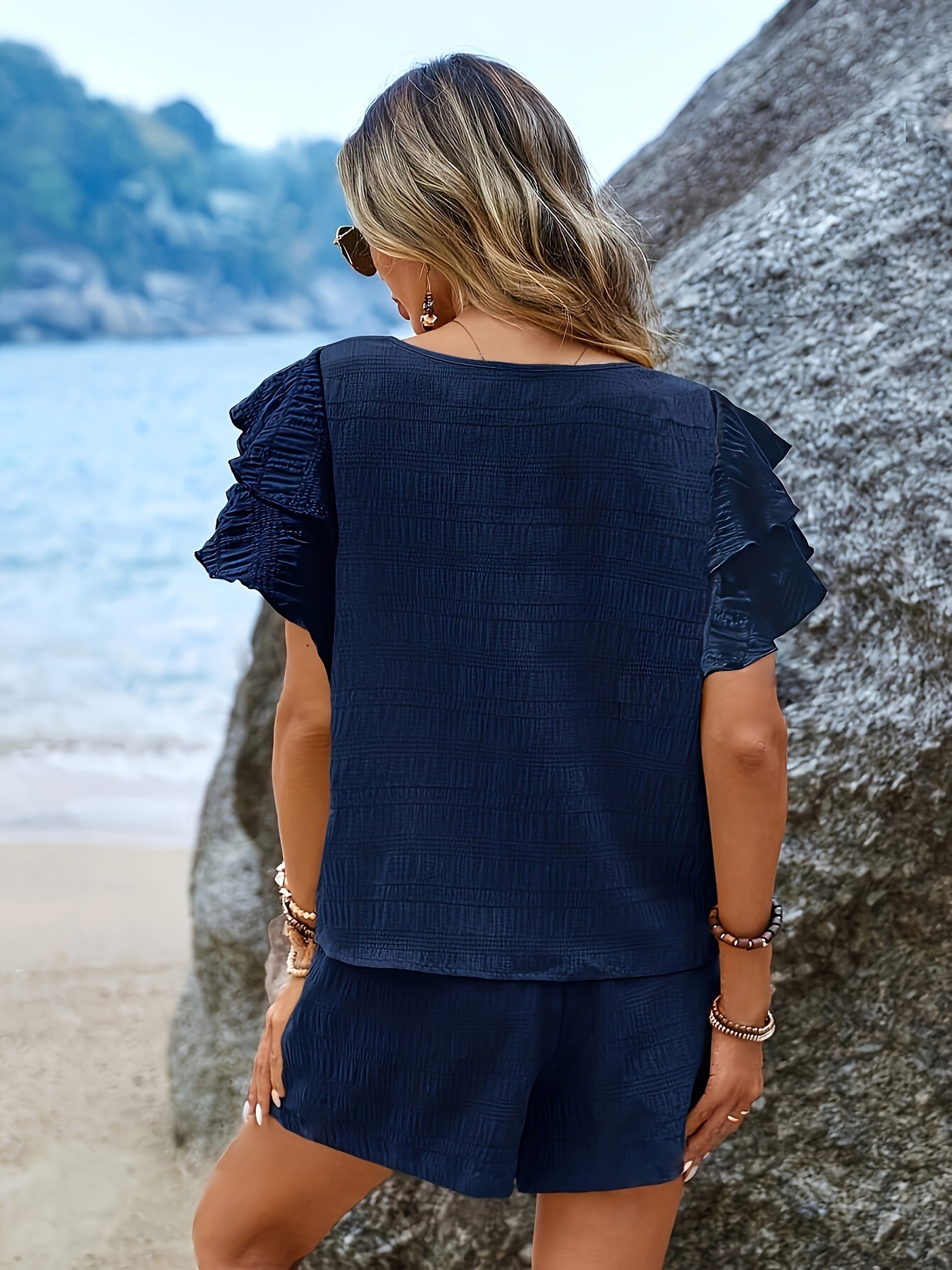 Women’s Elegant Ruffle Sleeve Belted Romper – Casual Summer Beach Outfit with Pockets