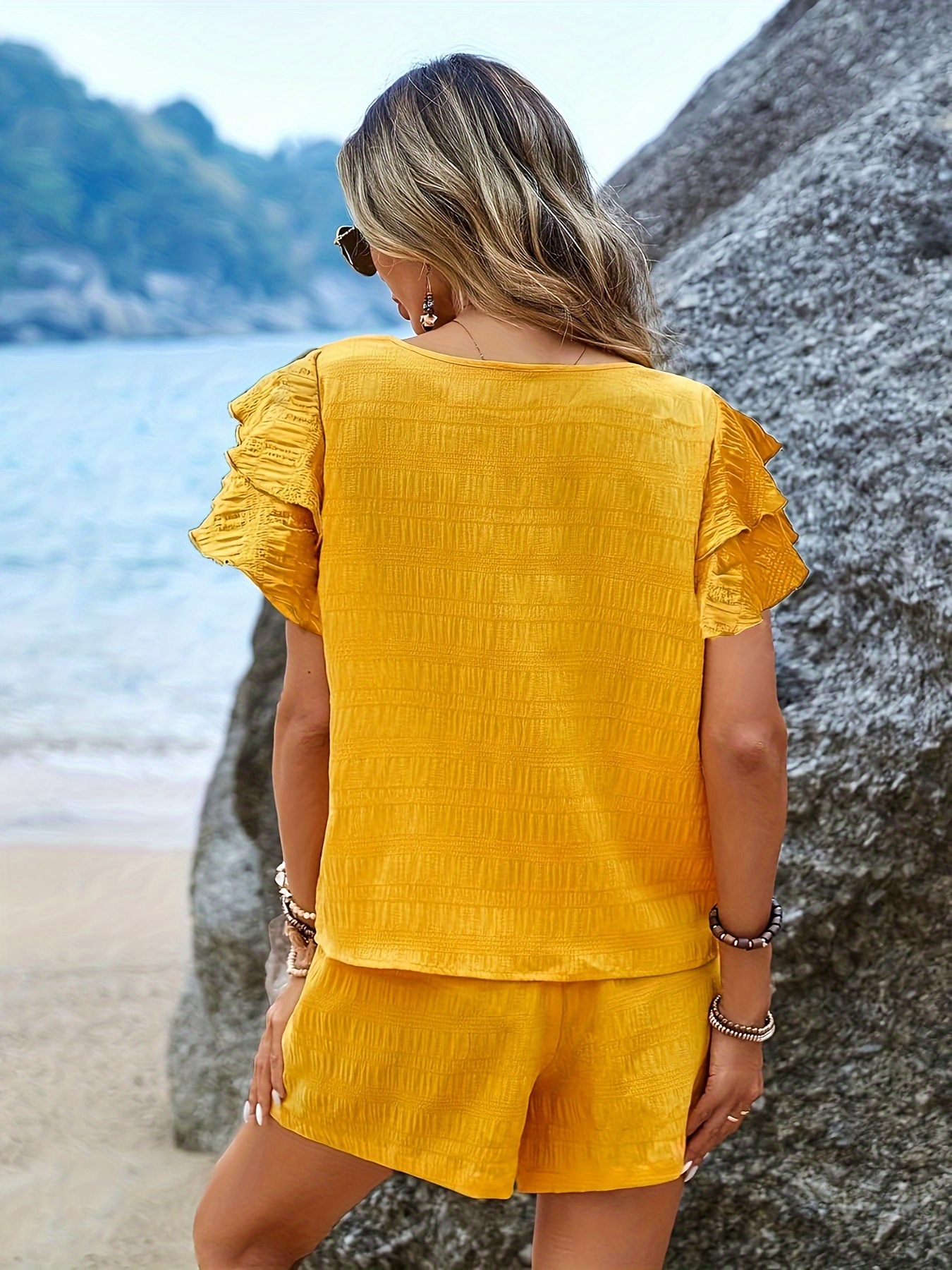 Women’s Elegant Ruffle Sleeve Belted Romper – Casual Summer Beach Outfit with Pockets