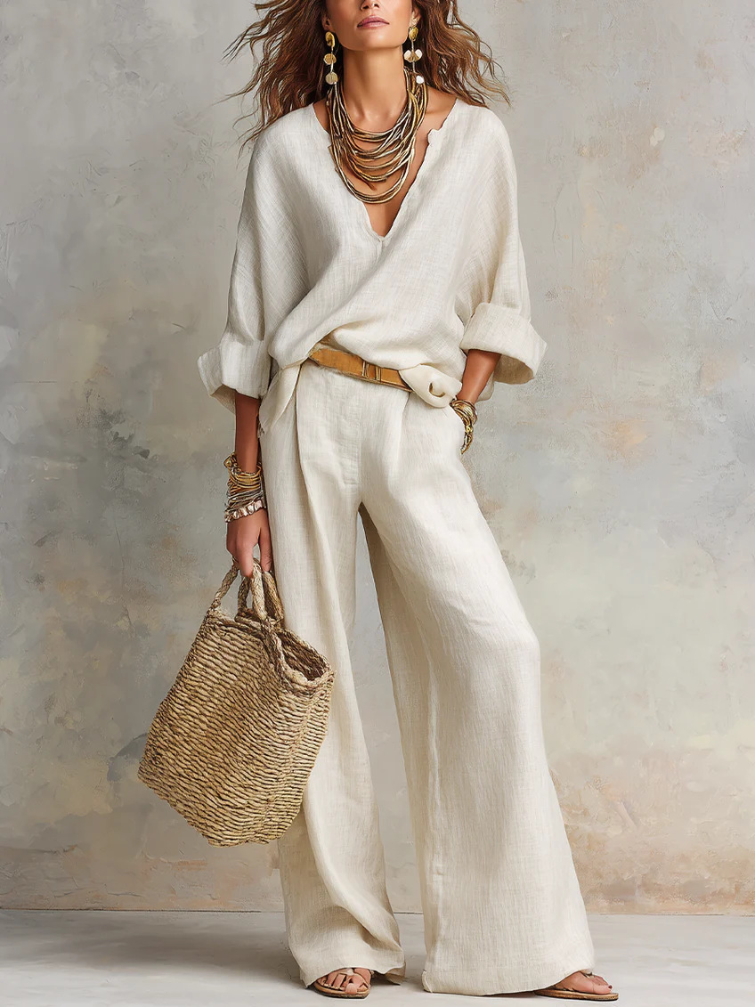 Luxury Linen 2 Piece Set for Women – Oversized V-Neck Top & Wide Leg Pants, Effortless Chic Summer Outfit