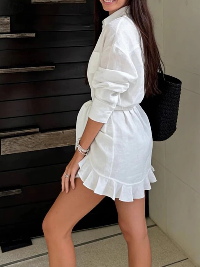 Women’s Lightweight Beach Shirt Dress – Long Sleeve Tie Waist Cover Up, Casual Oversized Summer Blouse Dress