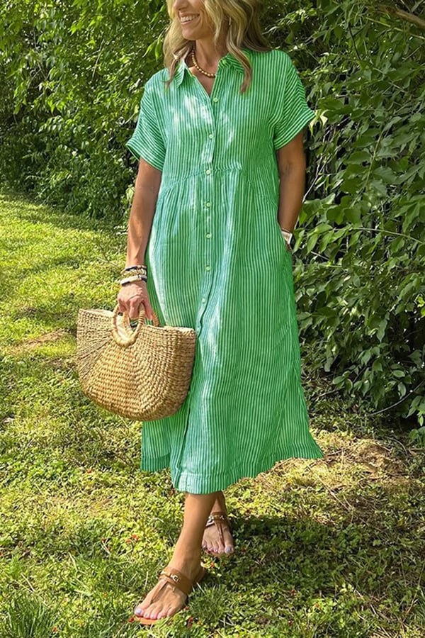 Women’s Striped Button-Down Midi Shirt Dress（Buy 2 Free Shipping）