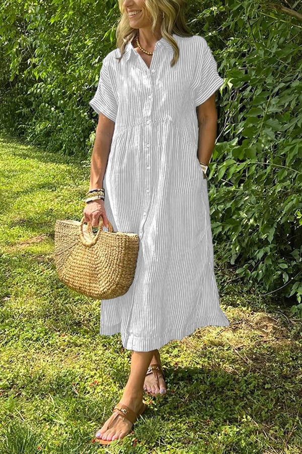 Women’s Striped Button-Down Midi Shirt Dress（Buy 2 Free Shipping）
