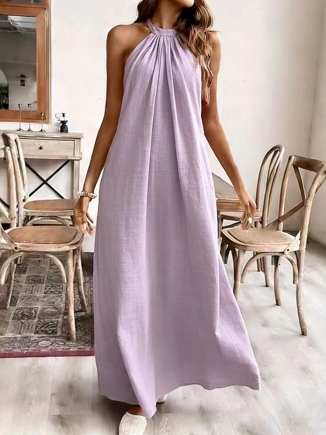 Women’s Halter Neck Maxi Dress – Casual Loose Fit Sleeveless Summer Linen Dress, Elegant Flowy Long Dress
