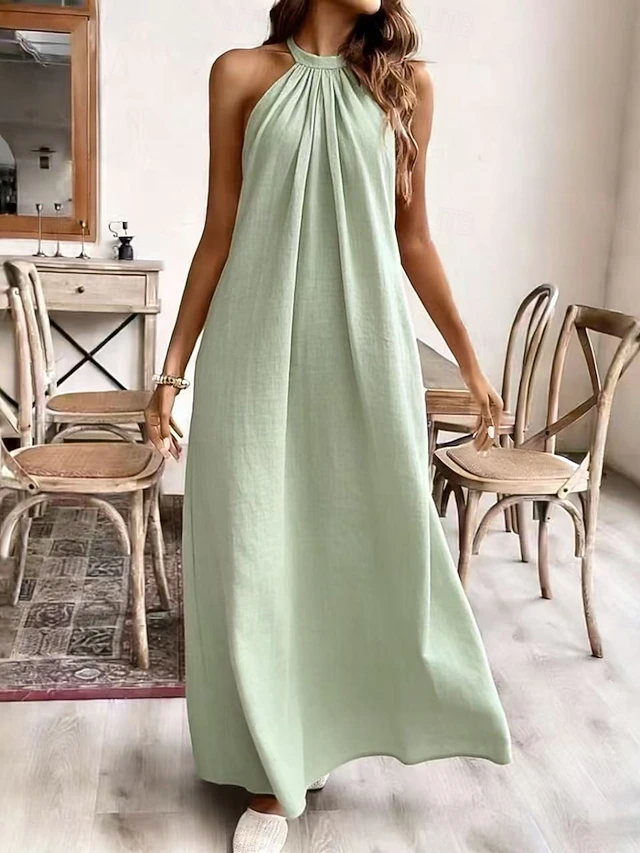 Women’s Halter Neck Maxi Dress – Casual Loose Fit Sleeveless Summer Linen Dress, Elegant Flowy Long Dress