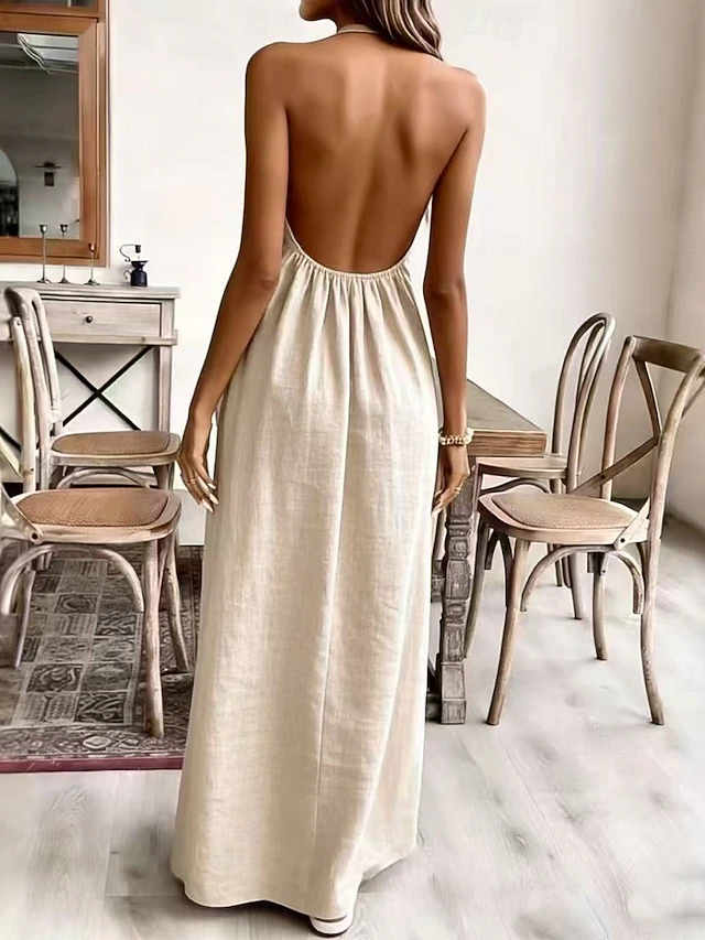 Women’s Halter Neck Maxi Dress – Casual Loose Fit Sleeveless Summer Linen Dress, Elegant Flowy Long Dress