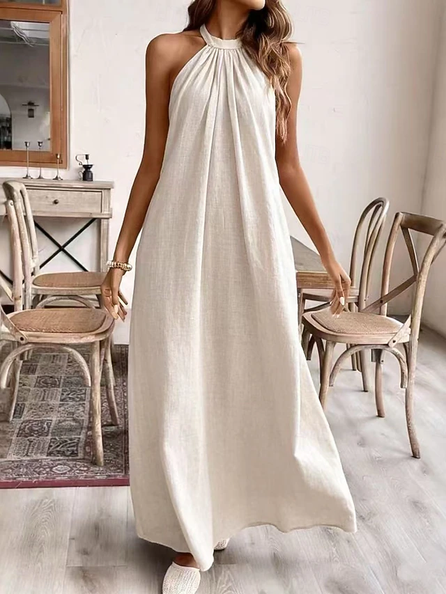 Women’s Halter Neck Maxi Dress – Casual Loose Fit Sleeveless Summer Linen Dress, Elegant Flowy Long Dress
