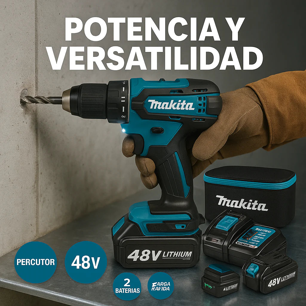 TALADRO INALÁMBRICO con PERCUTOR + 24 ACCESORIOS + 2 BATERIAS 48V