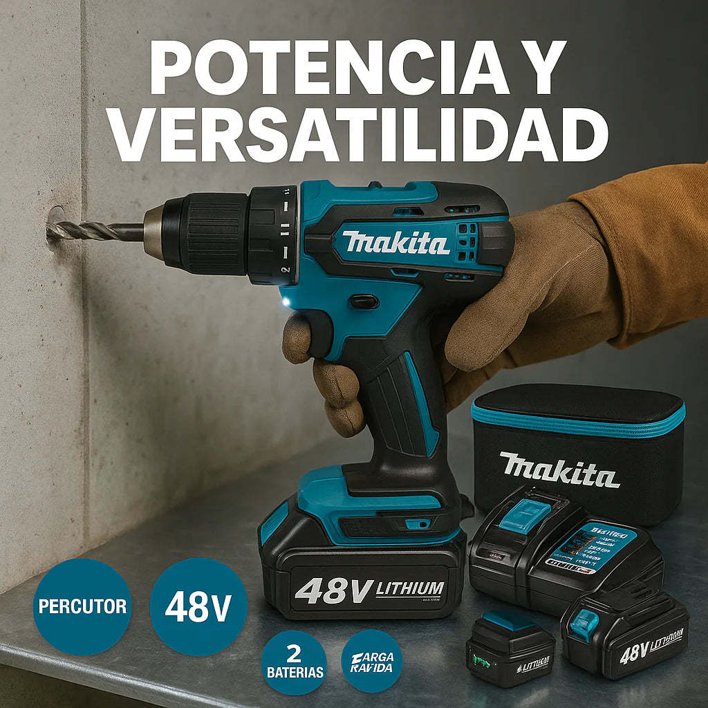 TALADRO INALÁMBRICO con PERCUTOR + 24 ACCESORIOS + 2 BATERIAS 48V